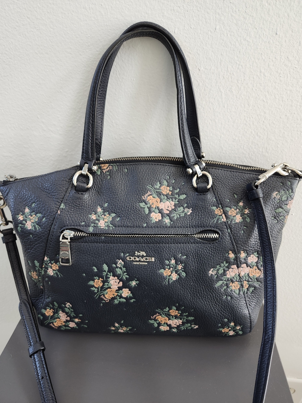 Coach Navy Floral Leather Satchel